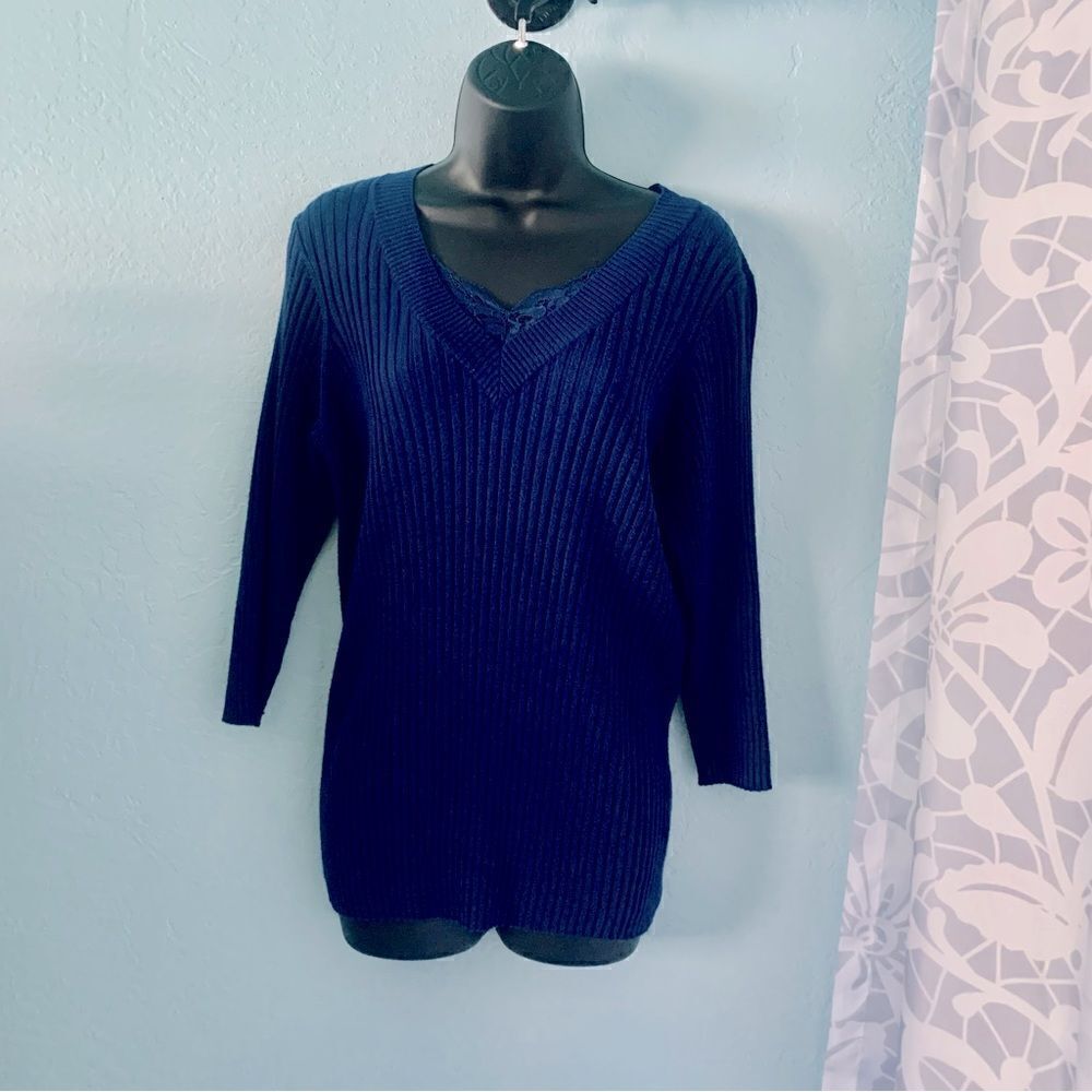 Dress Barn Navy Blue Ribbed V-Neck Sweater Size 1X